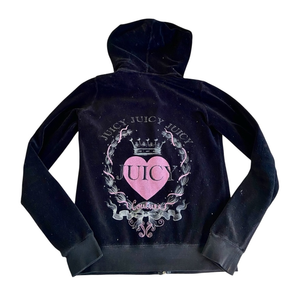 Juicy Couture Black Velour Zip-Up Hoodie with Pink Tag
